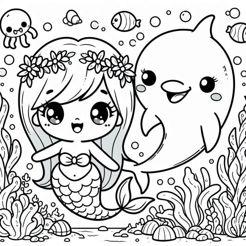 Desenho fofo kawaii de sereia, golfinho, polvo e peixes para colorir