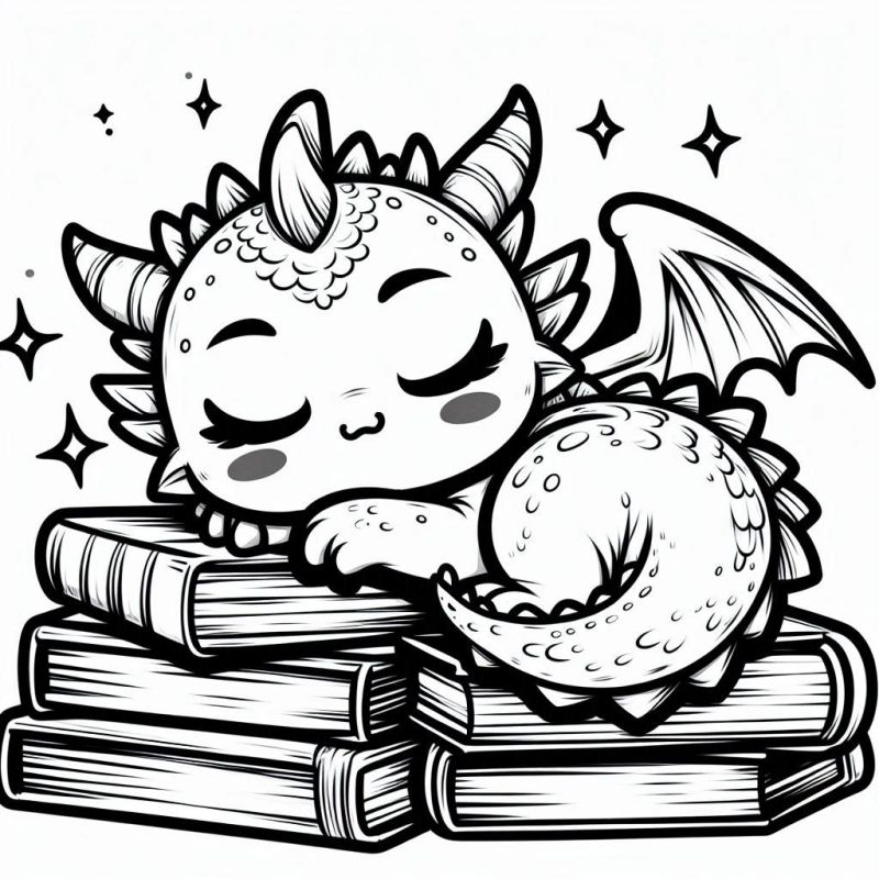 Dragãozinho Kawaii Dormindo sobre Livros para Colorir