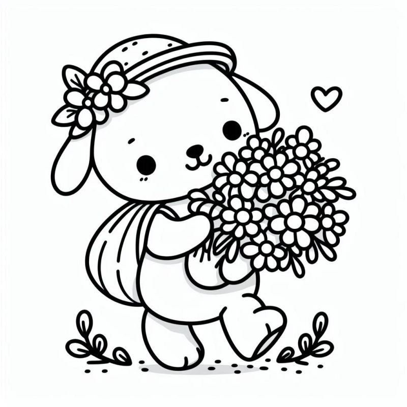 Desenho kawaii de coelho ou cachorro com chapéu e buquê de flores para colorir