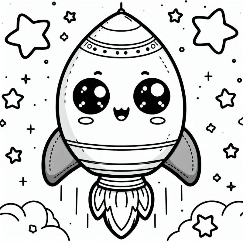 Desenho Fofo de Foguete Kawaii com Estrelas para Colorir