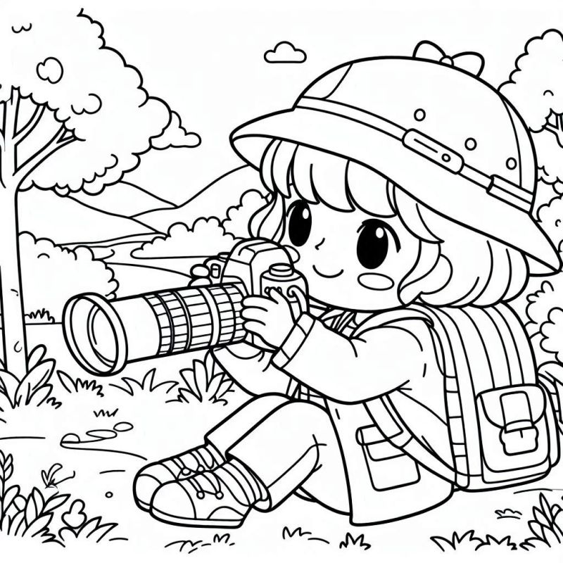 Desenho de Criança Fotografando na Natureza para Colorir