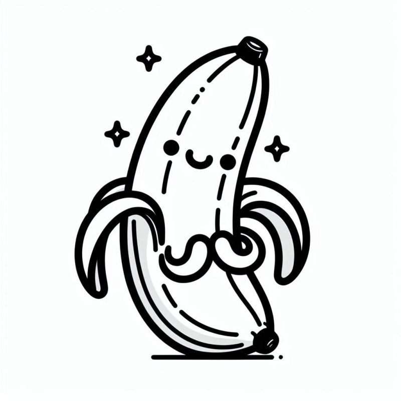 Desenho de uma banana antropomorfizada, sorridente, com casca descascada e estrelas ao fundo.