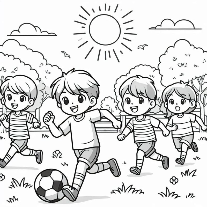 Desenho para colorir de crianças brincando de futebol em um parque ensolarado