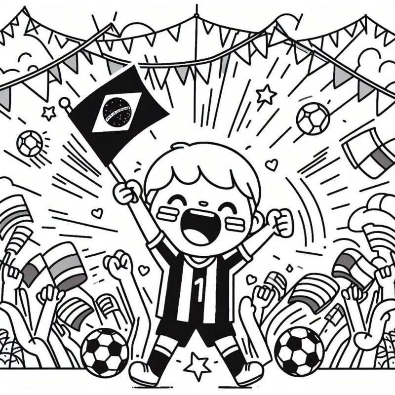 Desenho de Criança Feliz Comemorando Futebol para Colorir