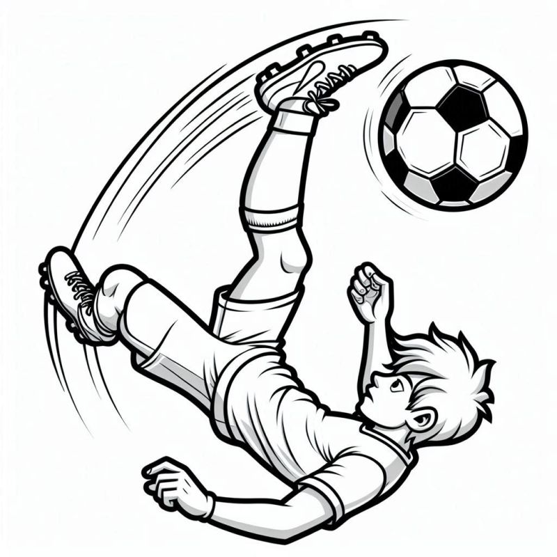 Jogador acrobático fazendo uma bicicleta para colorir, desenho animado de futebol