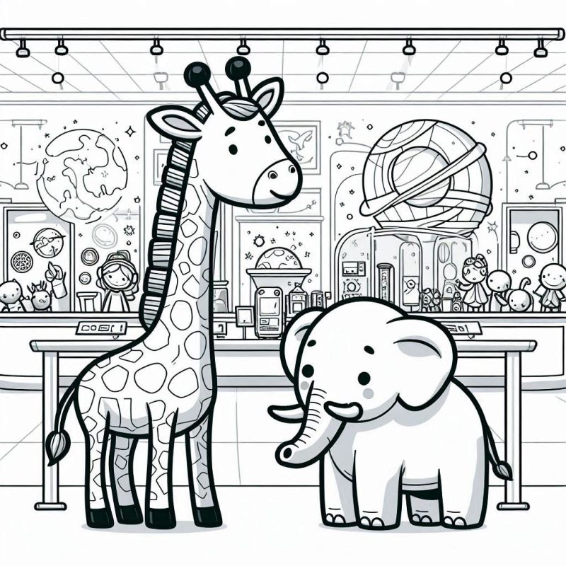 Desenho de girafa e elefante em um cenário futurista para colorir