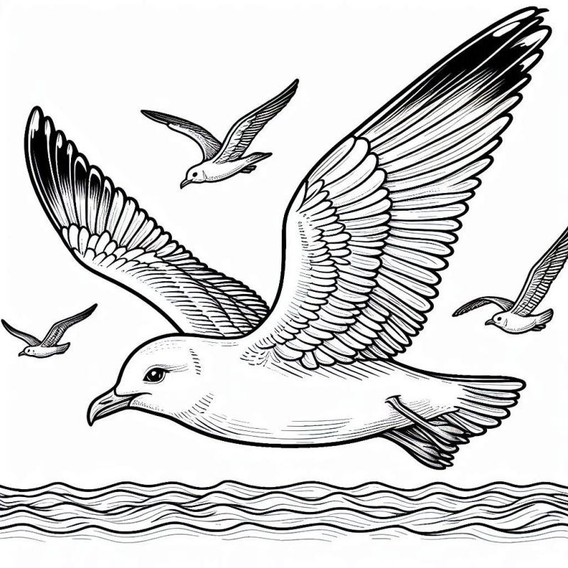 Desenho de Gaivota e Pássaros sobre o Mar para Colorir