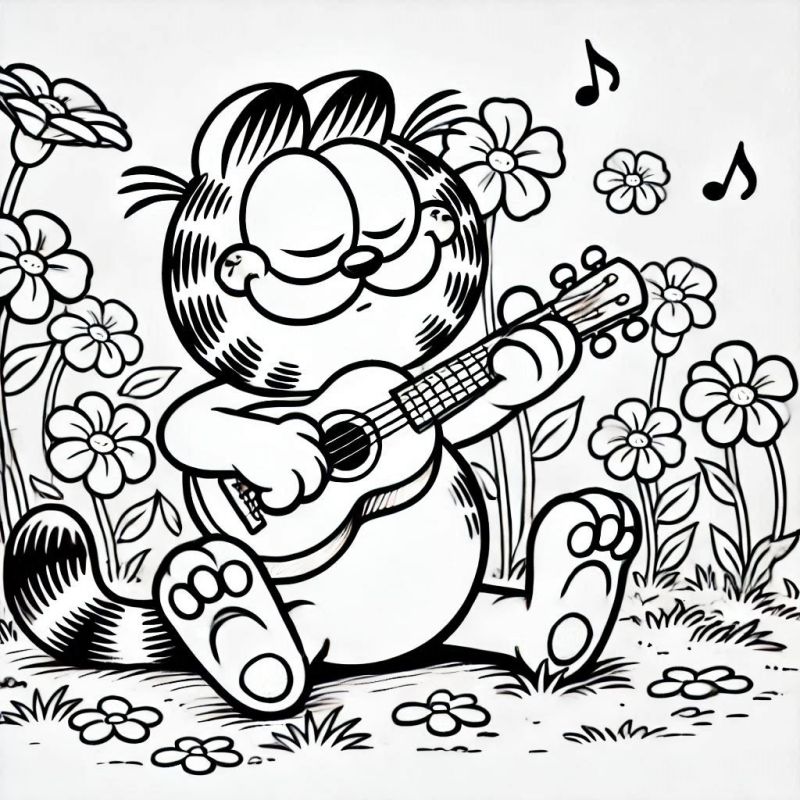 Colorir Garfield Tocando Violão no Campo Florido