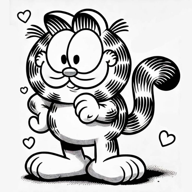 Desenho de Garfield com Corações para Colorir