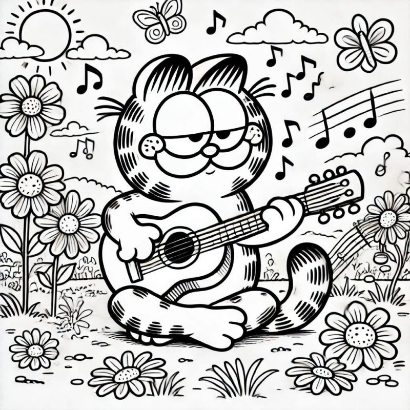 Colorir Garfield Tocando Violão em Campo Florido