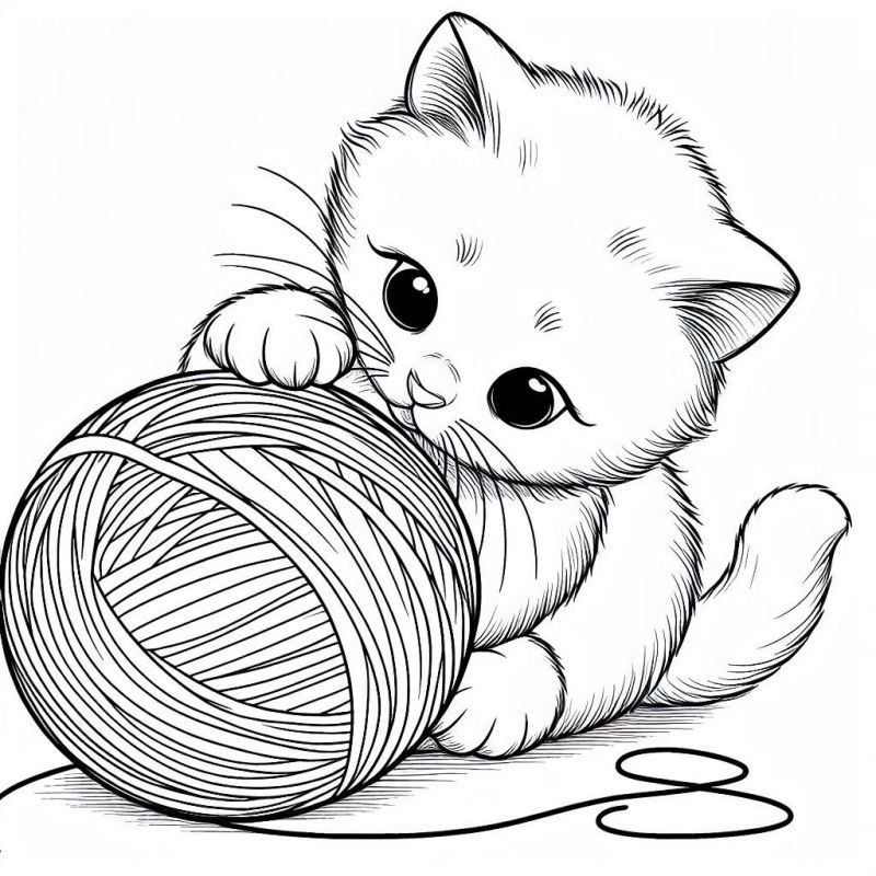 Gatinho Fofo Brincando com Novelo de Lã para Colorir