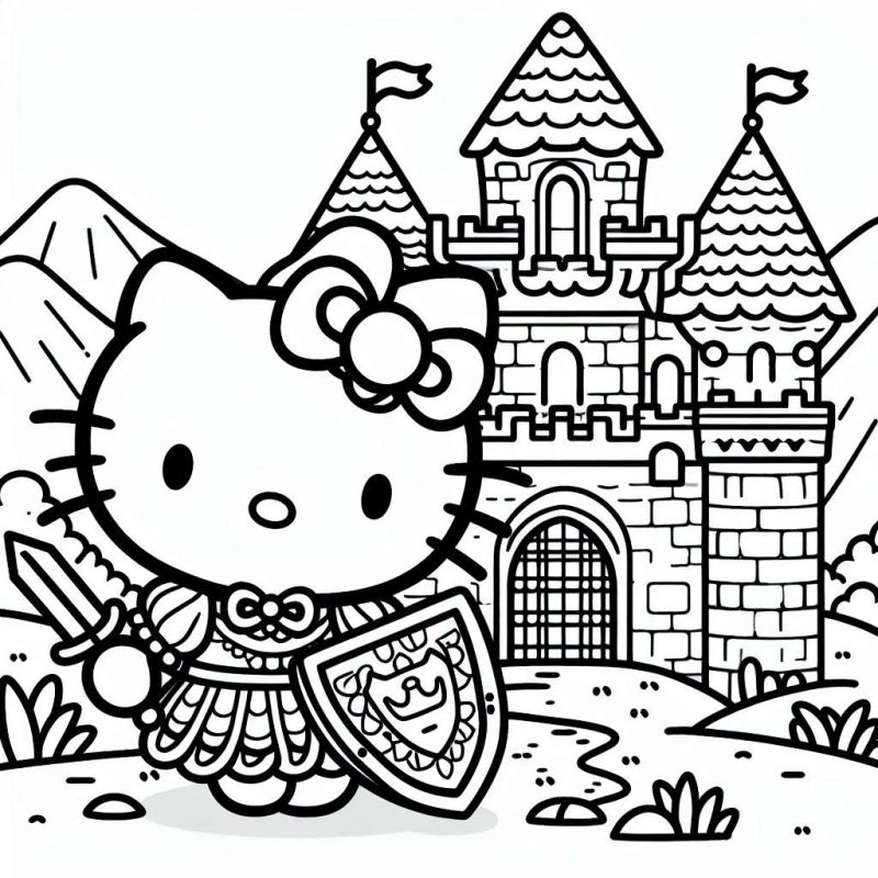 Gatinha Cavaleira em Aventura Medieval para Colorir