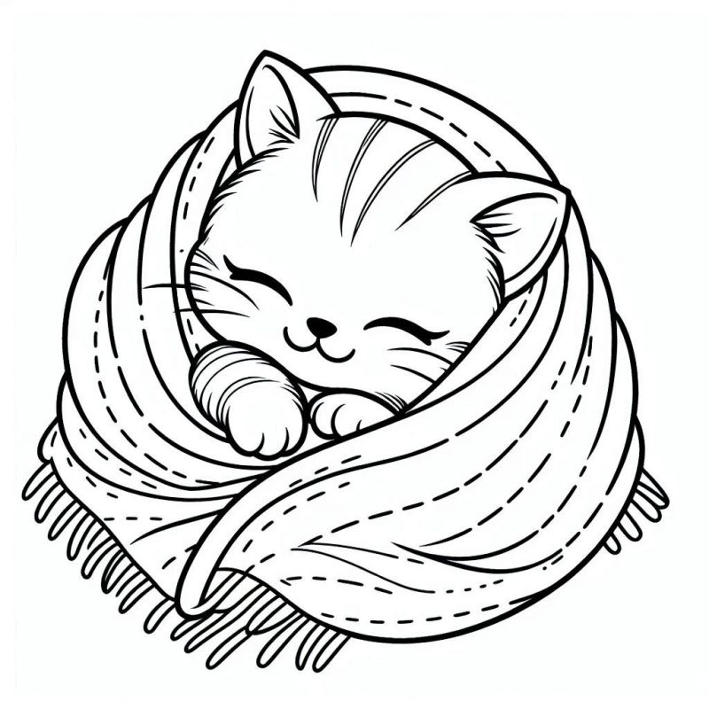 Desenho de um gatinho adorável enrolado em uma manta fofa para colorir