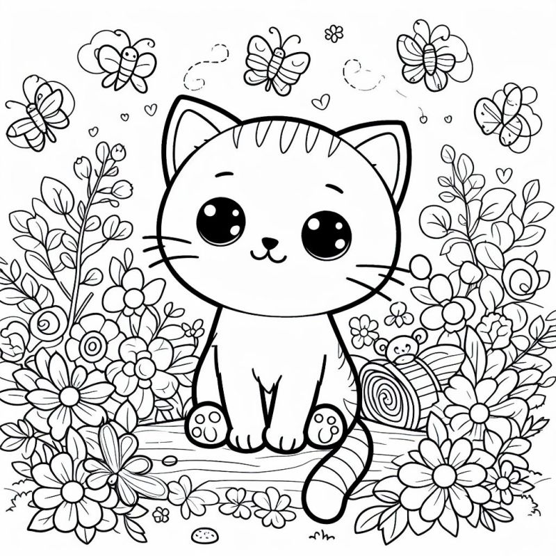 Desenho de gatinho fofo para colorir rodeado de flores e borboletas