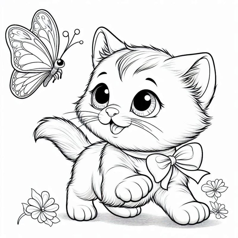 Desenho de Gatinho Fofo com Borboleta e Flores para Colorir