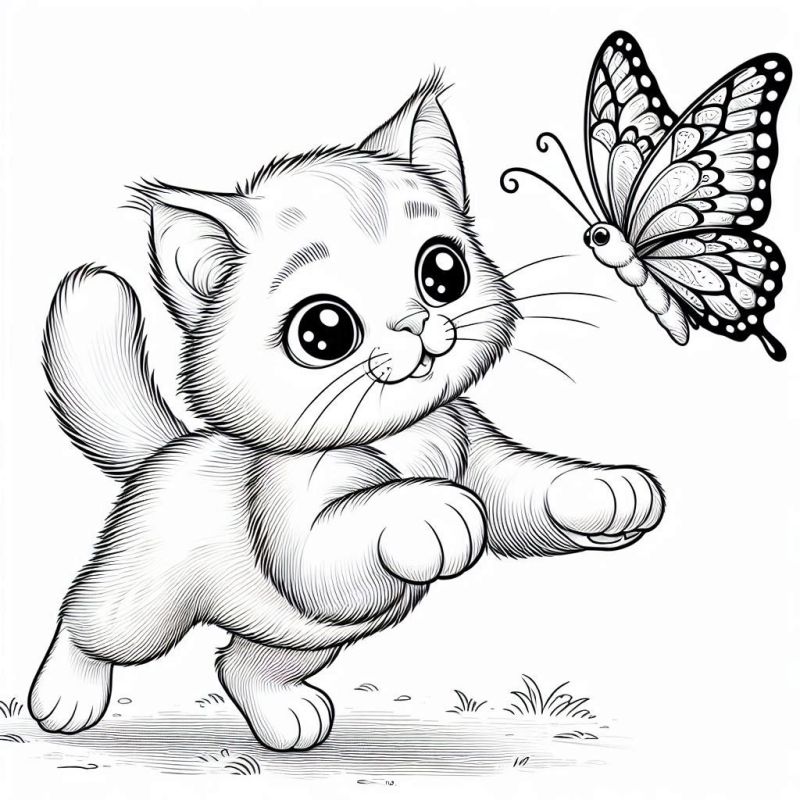 Desenho de Gatinho Curioso com Borboleta