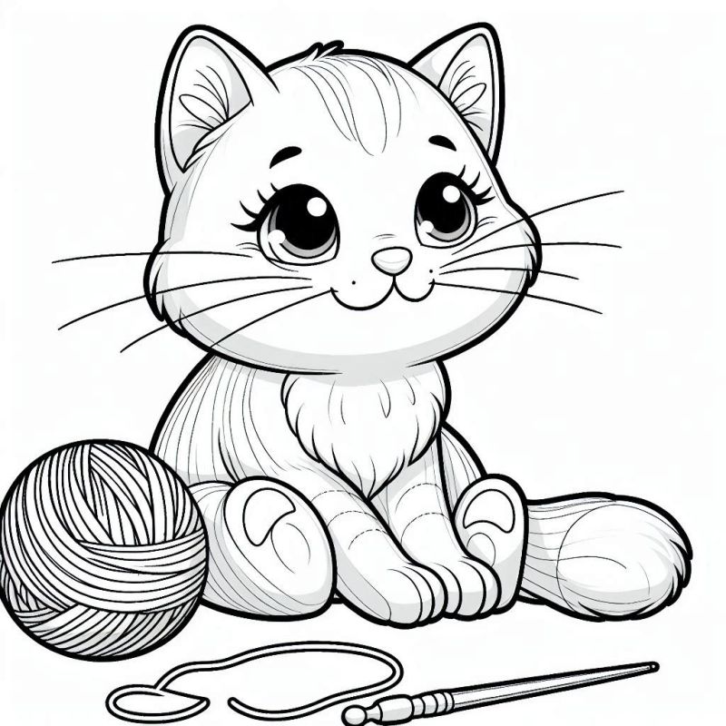 Desenho Adorável de Gatinho com Novelo para Colorir