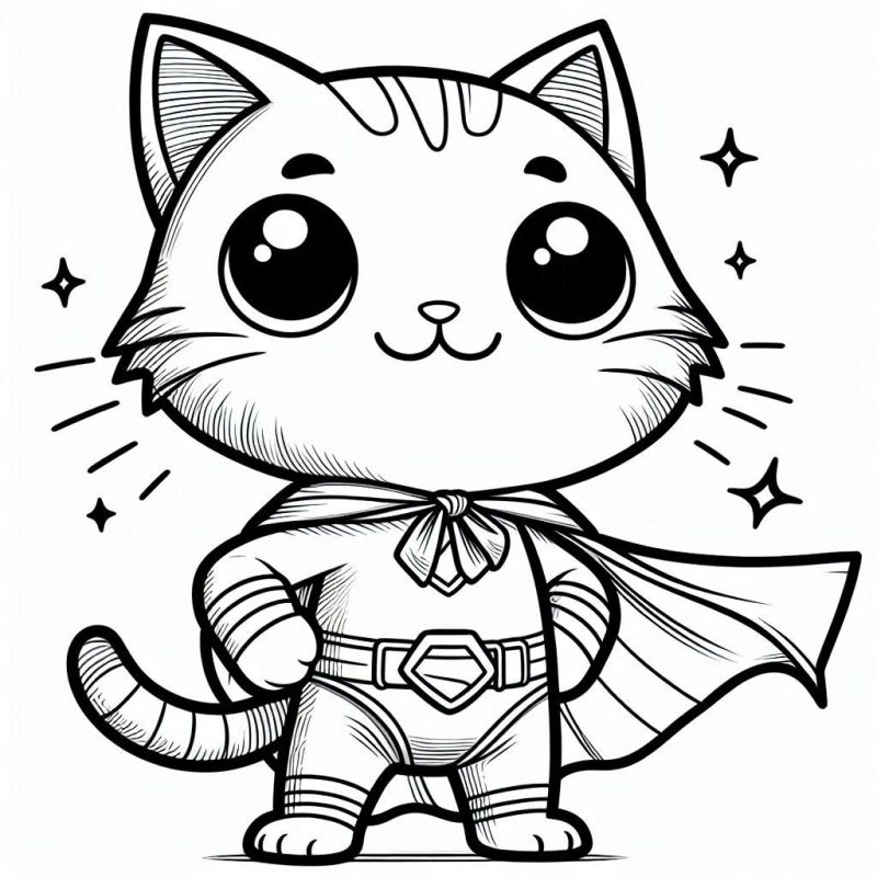 Desenho de gatinho vestido como super-herói para colorir, com capa e estrelas brilhantes.