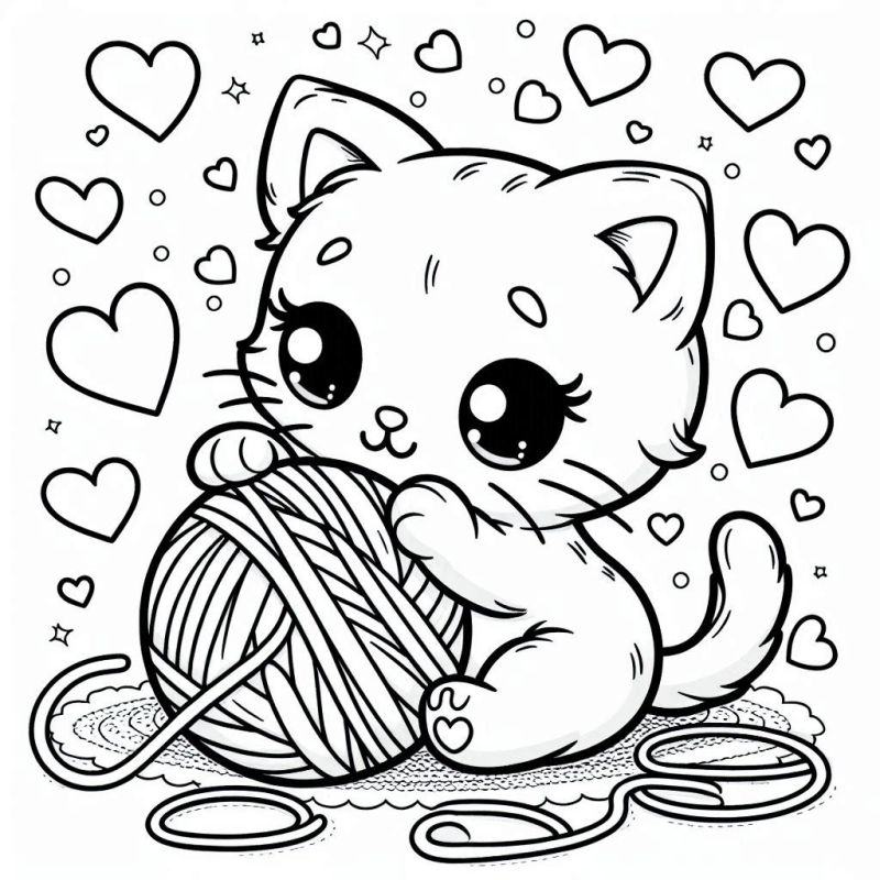 Gatinho Kawaii com Novelo e Corações para Colorir