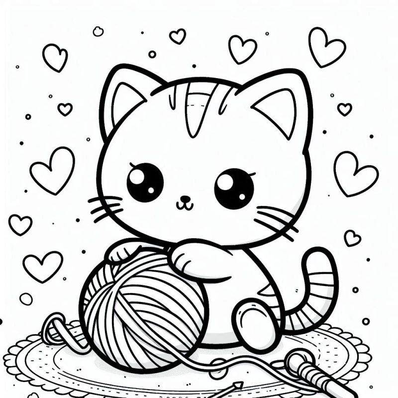 Desenho kawaii de gatinho fofo segurando um novelo de lã