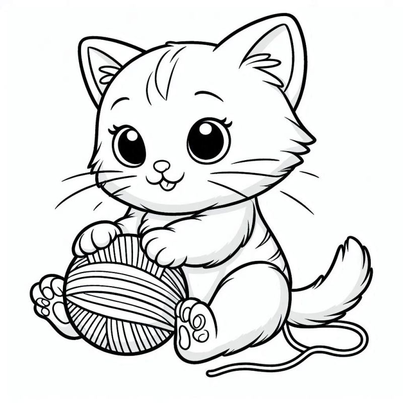 Desenho de gatinho estilo cartoon segurando novelo de lã para colorir online