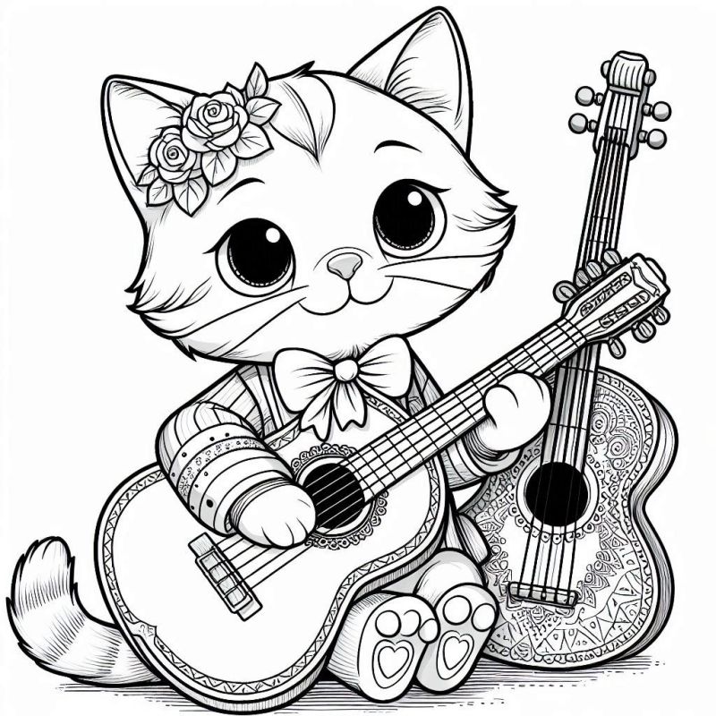 Desenho para colorir de um gatinho adorável tocando guitarra com detalhes decorativos