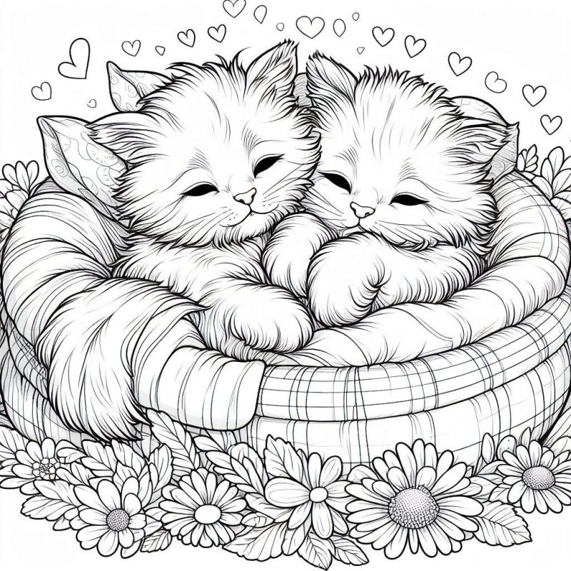 Colorir Dois Gatinhos Adoráveis na Cesta com Flores