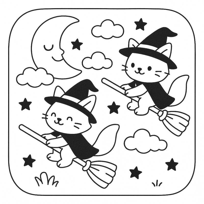 Colorir Gatinhos Voadores Mágicos no Halloween