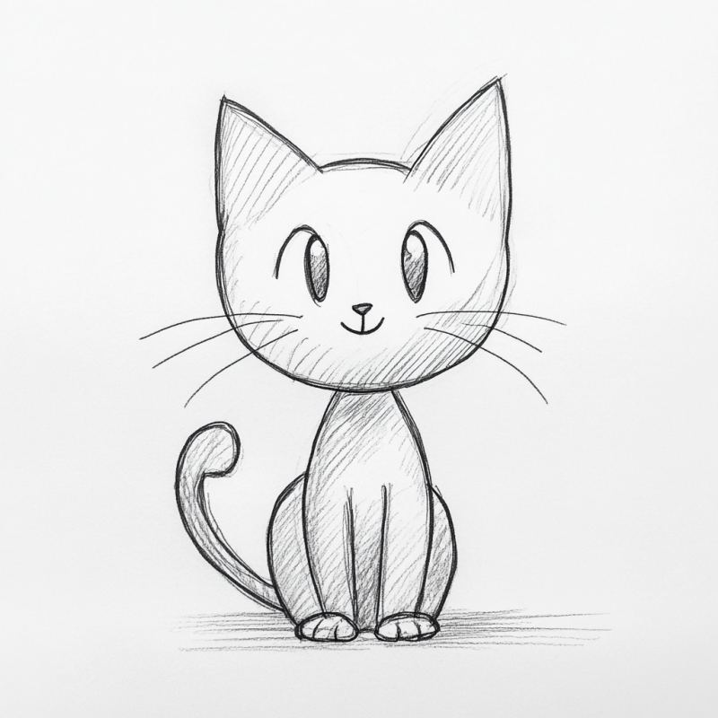 Desenho de Gato em Estilo Cartoon com Esboço a Lápis