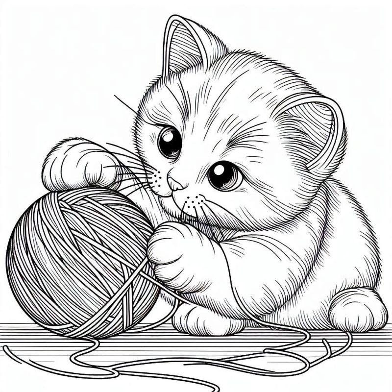 Desenho de Gato Curioso com Novelo de Lã para Colorir