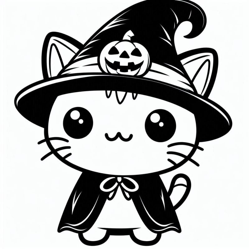 Desenho de Gato Fofo com Chapéu de Halloween para Colorir