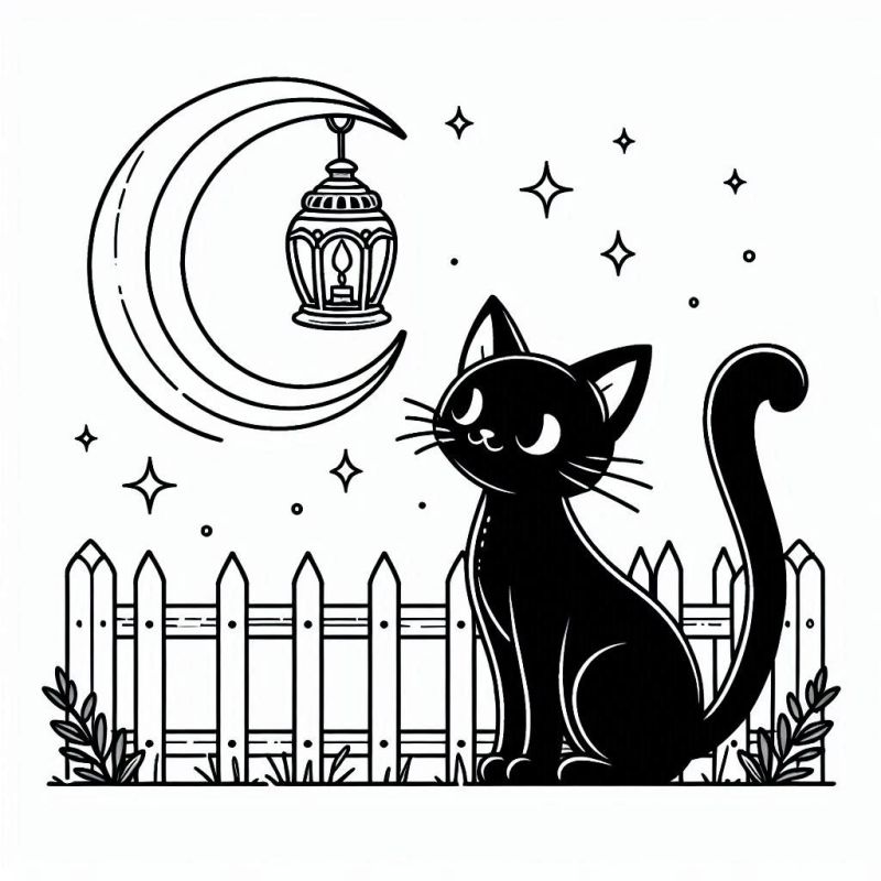 Desenho de Halloween: Gato e Lua Crescente para Colorir