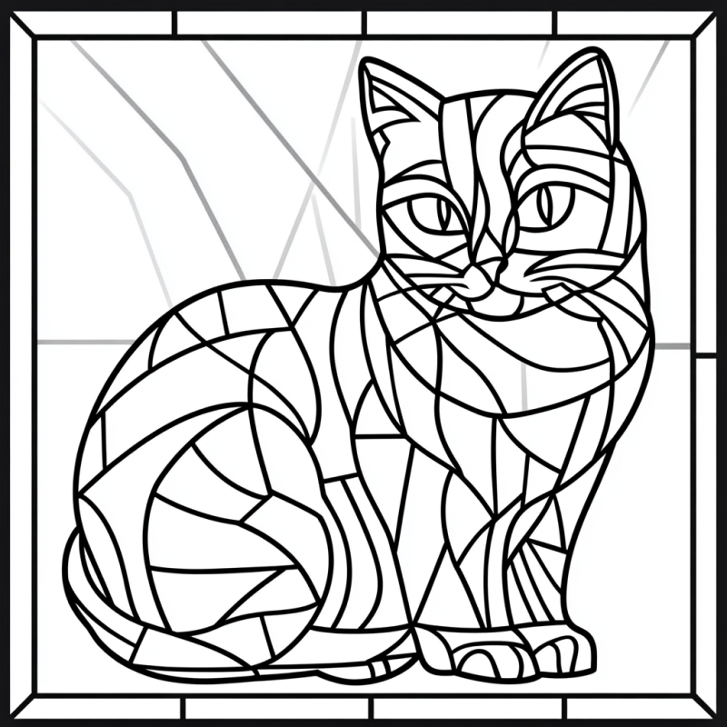 Desenho de gato em estilo mosaico vitral em preto e branco para colorir