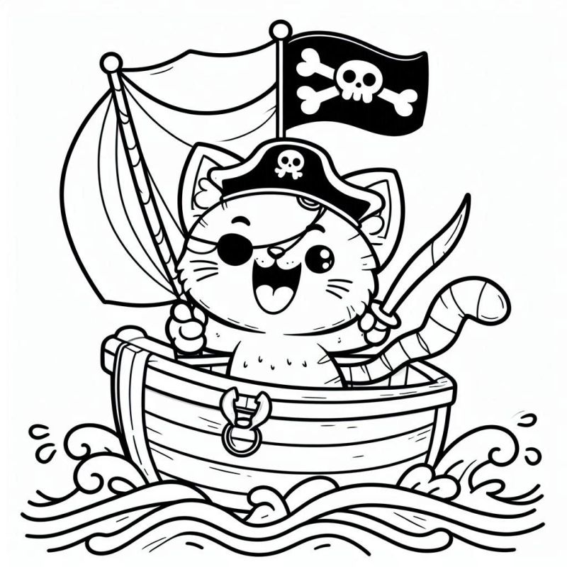 Desenho de gato pirata no barco para colorir