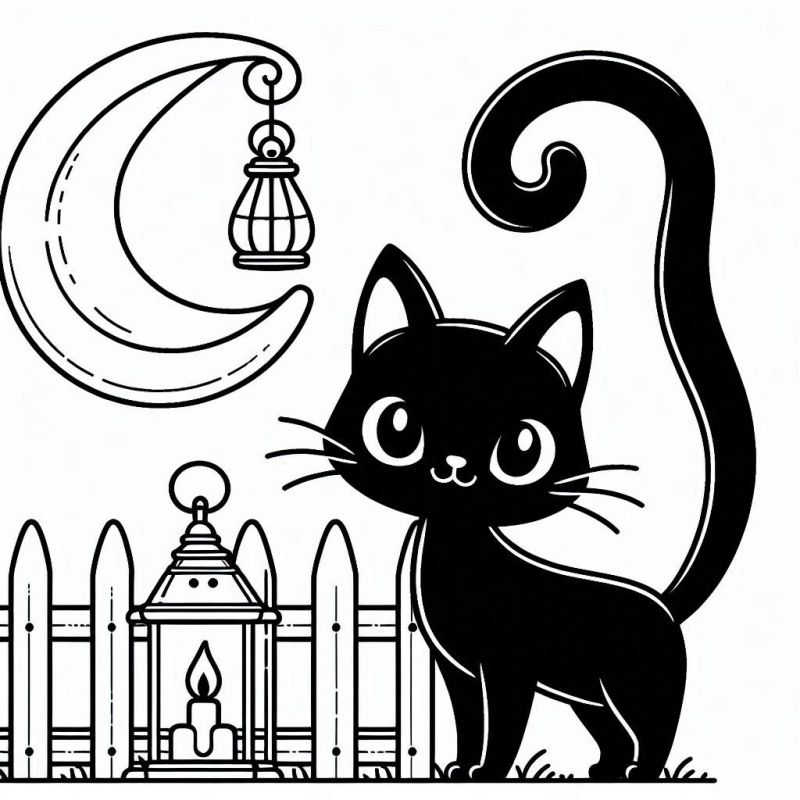 Desenho de gato preto com lua crescente, lanterna e cerca para colorir no Halloween