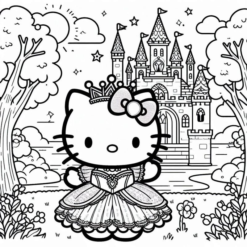 Desenho de Gato Princesa e Castelo Mágico para Colorir