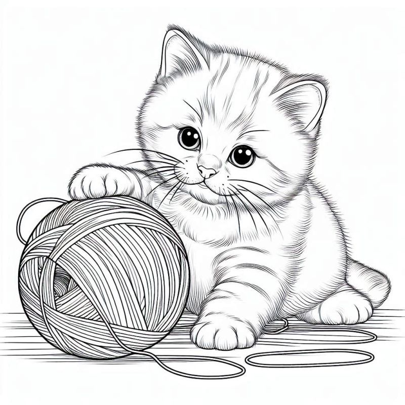 Desenho de Gato Filhote Interagindo com Novelo para Colorir