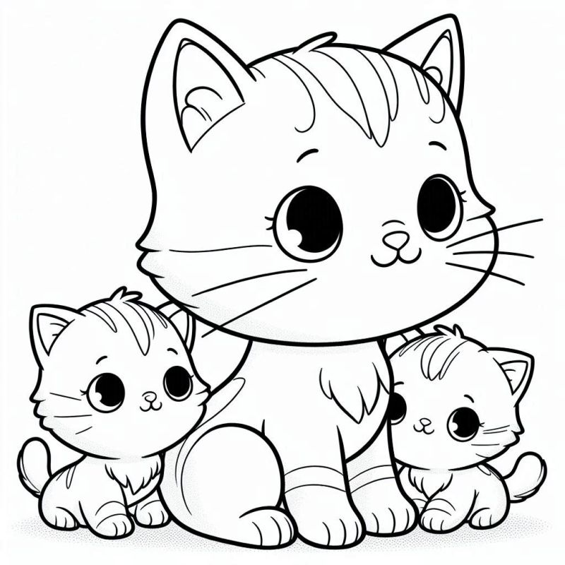 Desenho adorável de gatos para colorir, incluindo um gato adulto e dois filhotes.