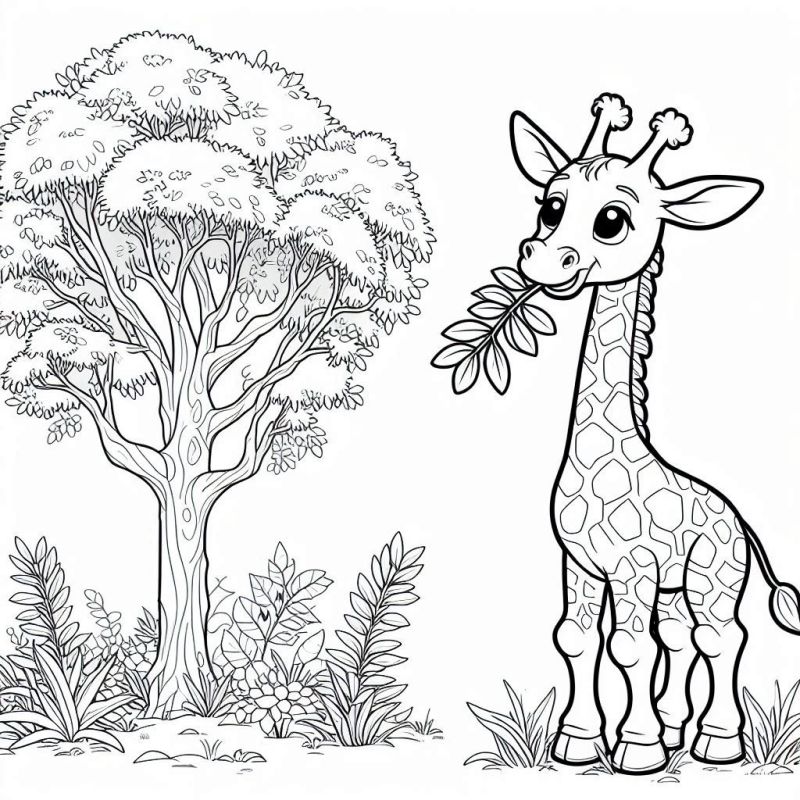 Desenho de Girafa ao Lado de Árvore Africana para Colorir