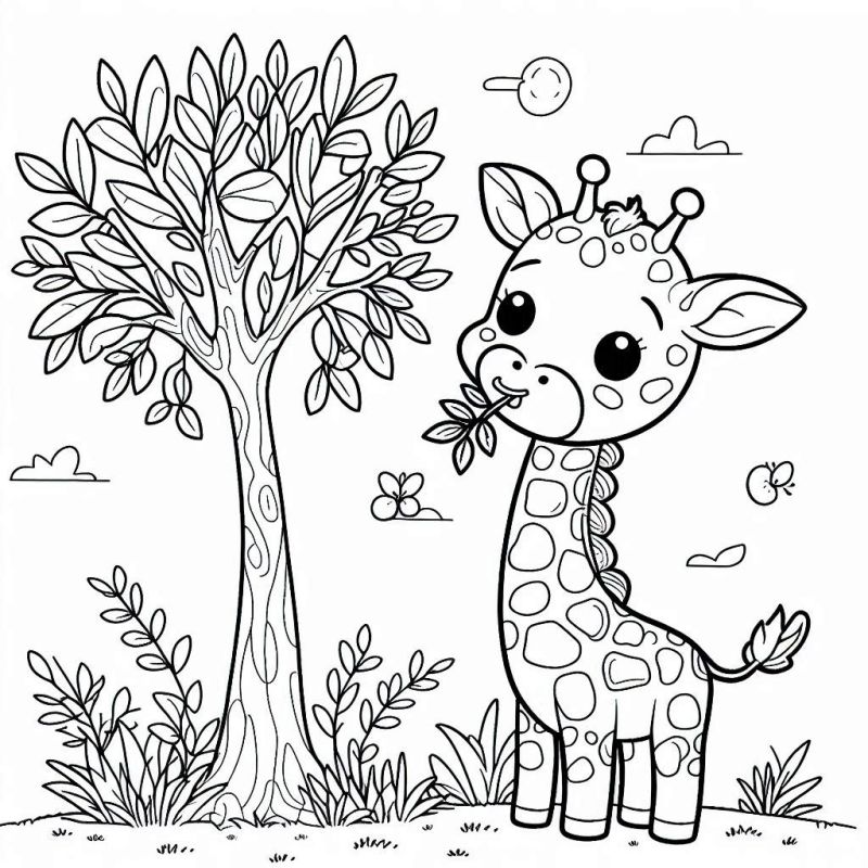 Desenho de uma girafa fofa em um ambiente natural para colorir