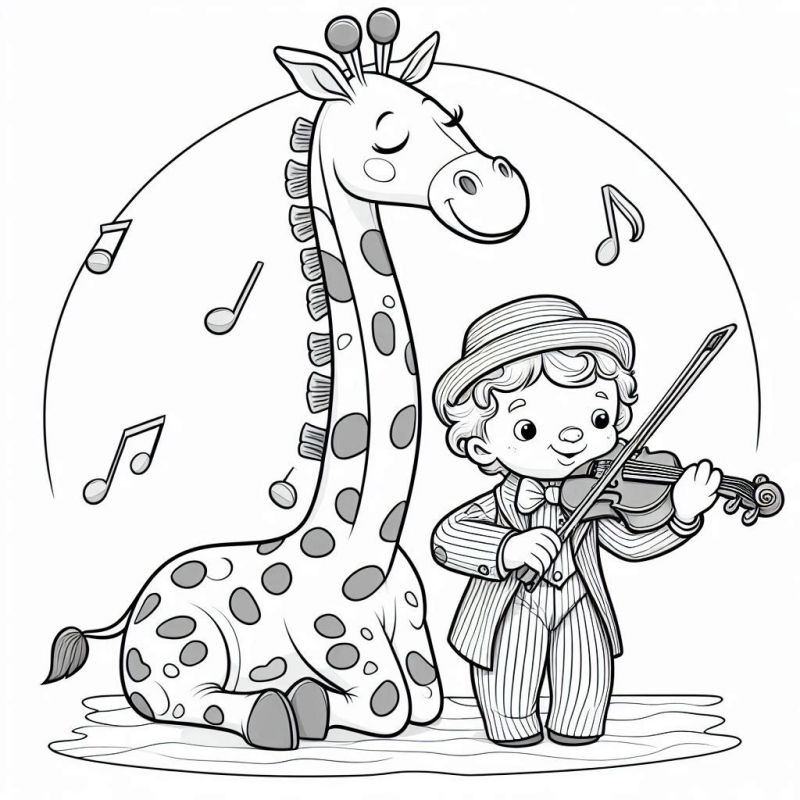 Desenho de uma girafa e um menino tocando violino para colorir