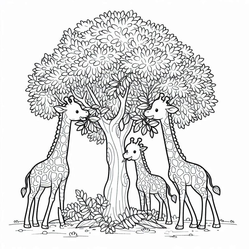 Desenho de Três Girafas perto de Árvore para Colorir