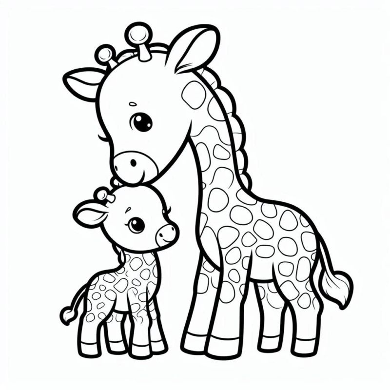 Desenho de duas girafas cartunizadas para colorir, uma adulta e um filhote, em um gesto carinhoso