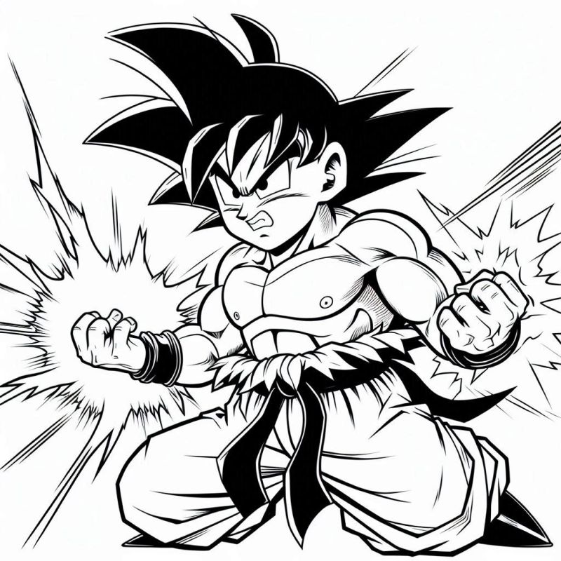 Goku jovem com energia ao redor dos punhos, pronto para colorir