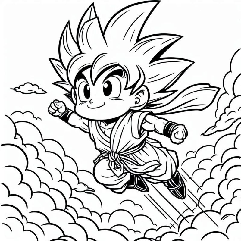 Desenho de Goku voando em estilo anime, pronto para colorir