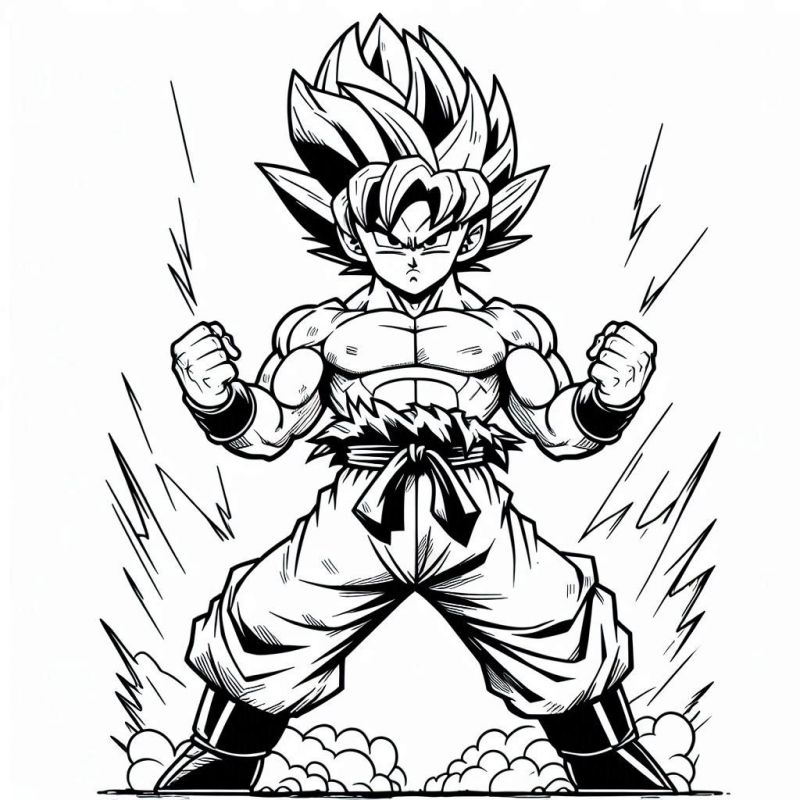 Desenho de Goku em estilo anime para colorir, em pose poderosa de super saiyajin