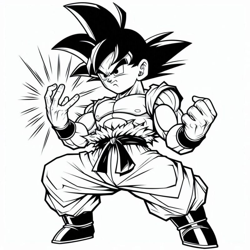 Desenho de Goku de Dragon Ball em postura de combate para colorir