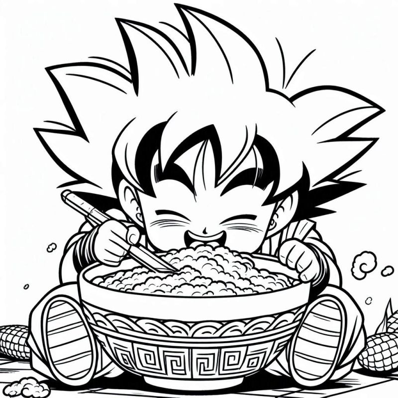 Goku com cabelo espetado e hashis comendo de uma tigela grande