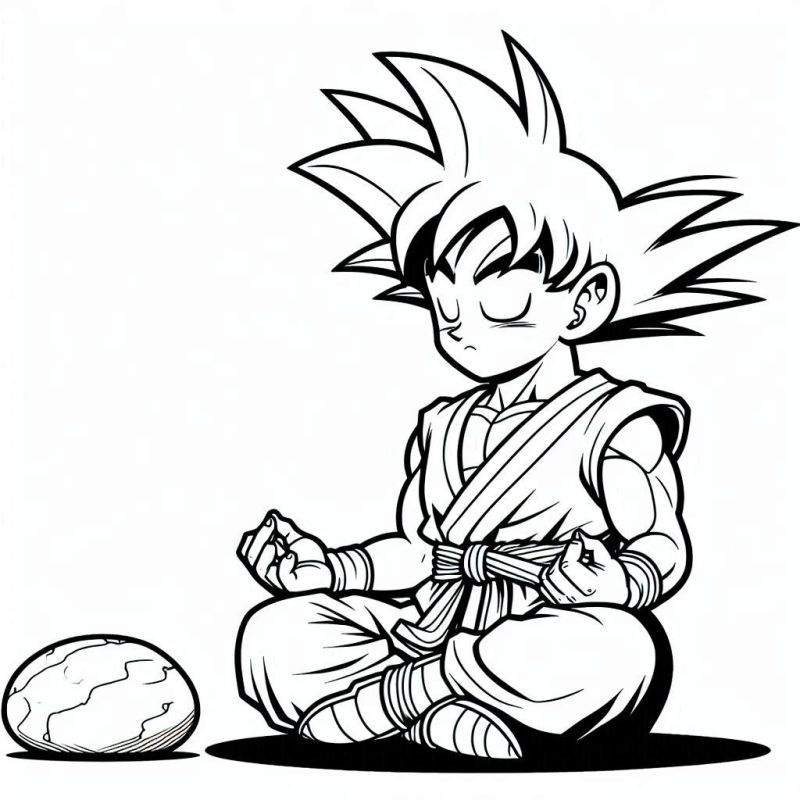 Desenho de Goku em meditação com um uniforme de artes marciais para colorir