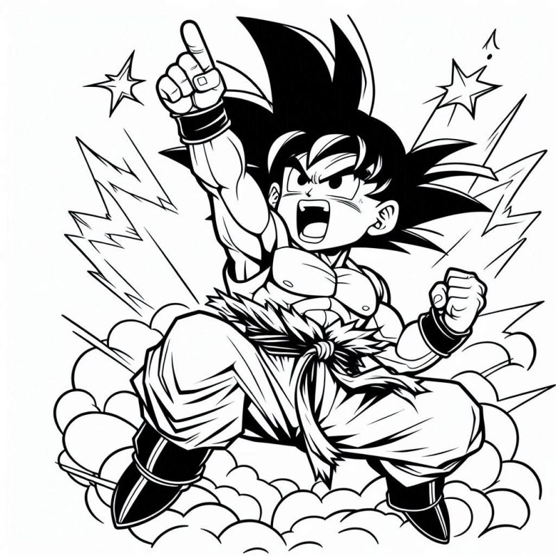 Desenho em preto e branco de Goku estilo anime Dragon Ball para colorir